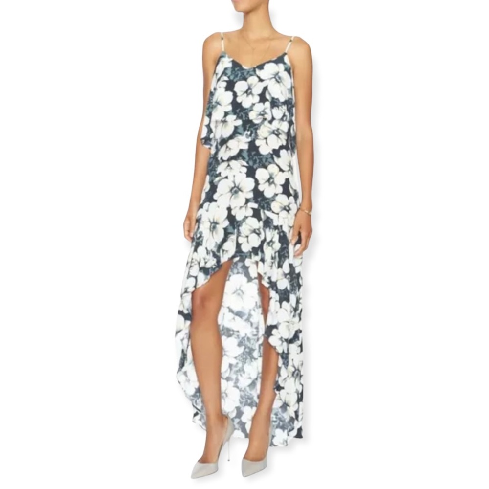 INTERMIX Floral Print Silk Spaghetti Strap Hi-Lo Maxi Dress
